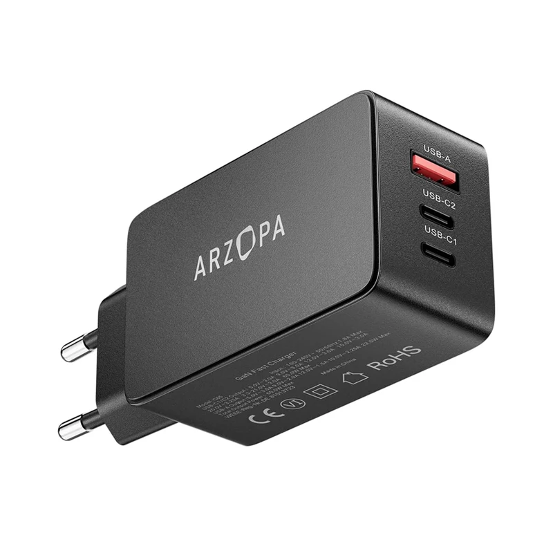 ARZOPA USB C Charger 65 W USB-C Power Supply GaN Charger 3-Port Fast PPS Multiple