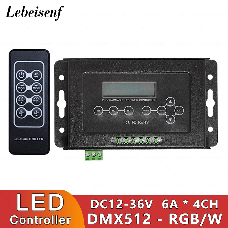 

New DC 12V-36V RGB RGBW Programmable LED Timer Controller Output 6A * 4CH Input DMX512 Signal with LCD Screen RF Wireless Remote