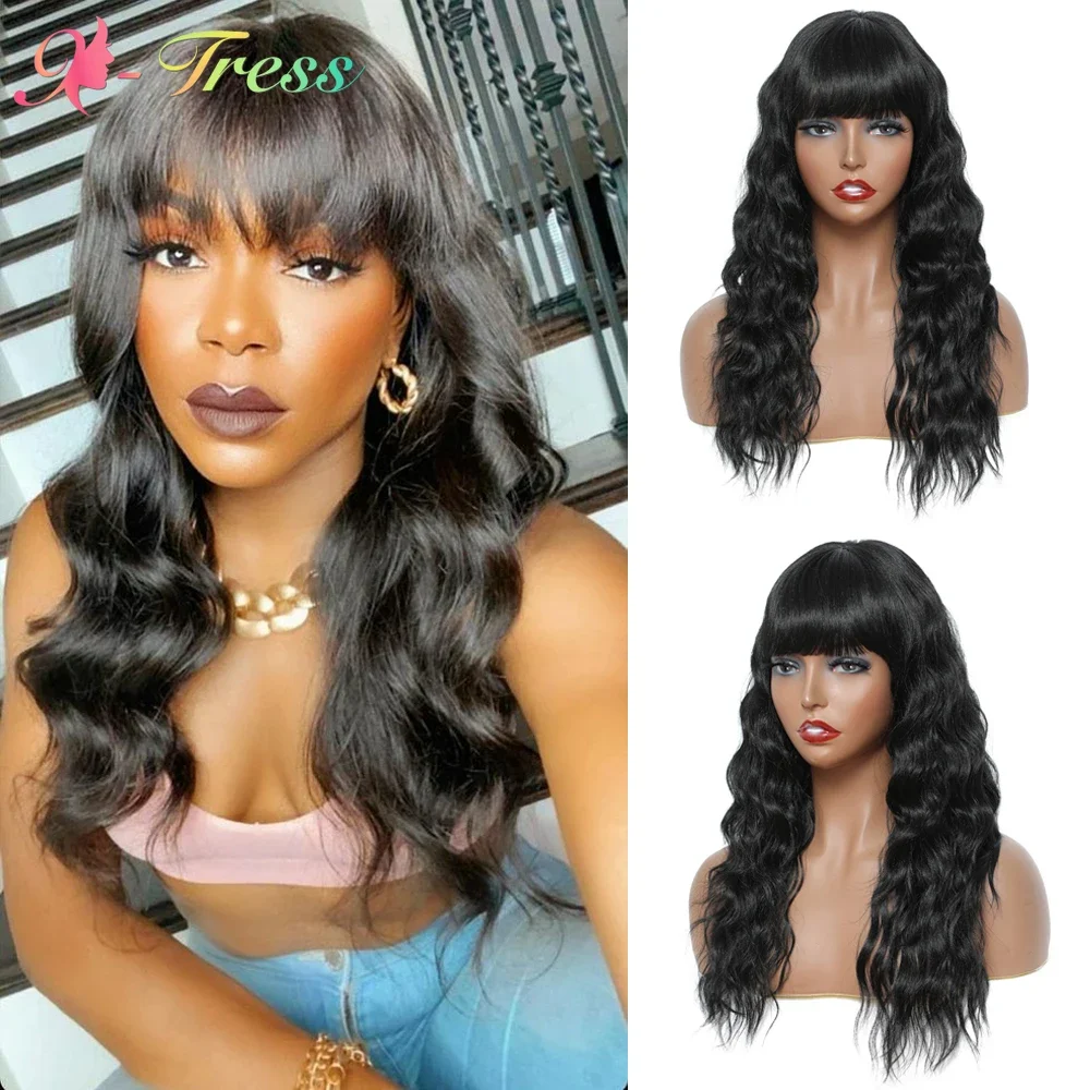 

X-TRESS Long Natural Wavy Synthetic Wigs with Bangs for Black Women Natural Color Heat Resistant Machine Made Hair for Daily Use