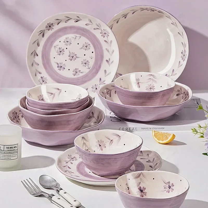 

Pasta Dinner Purple Plate Retro Dessert Handpainted Cake Tableware Salad Steak Vegetable Romantic Ceramics Plates