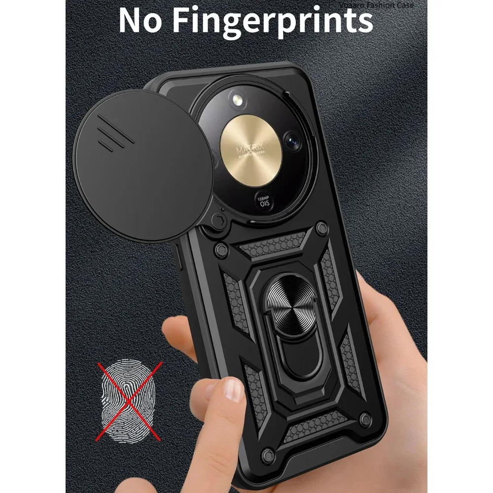 Magnetic Ring Stand Armor Case with Rotating Slide Lens Cover