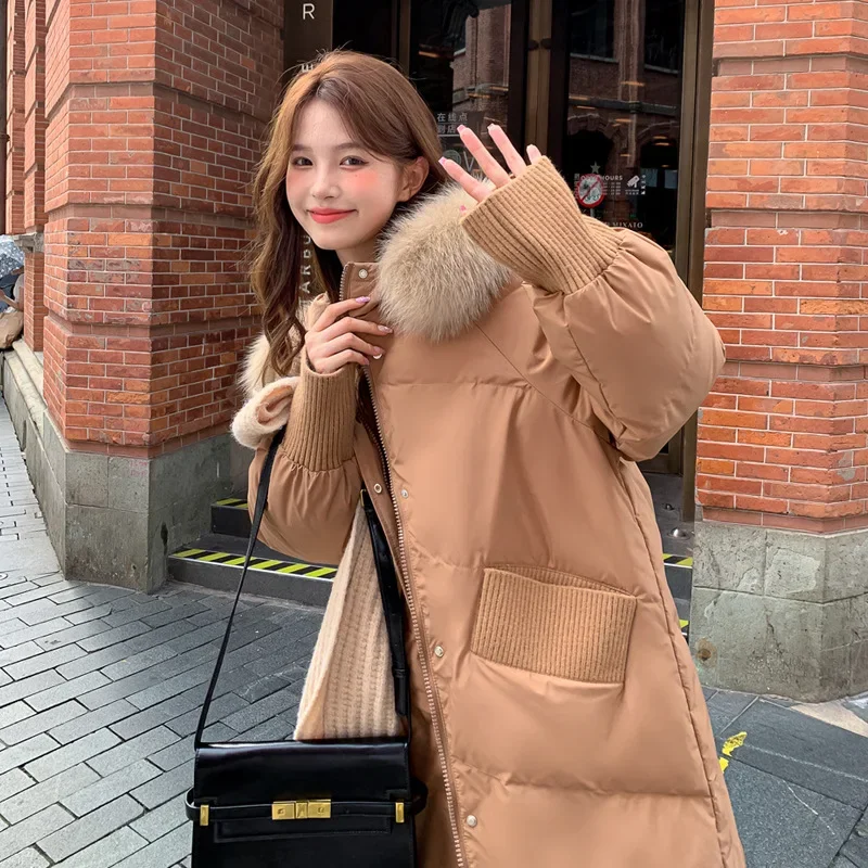 Caramel Hooded Down Jacket for Plump Women 2023 Large Size Overcoats Lady White Duck Thickened Jacket Fox Fur Loose Coat Vintage