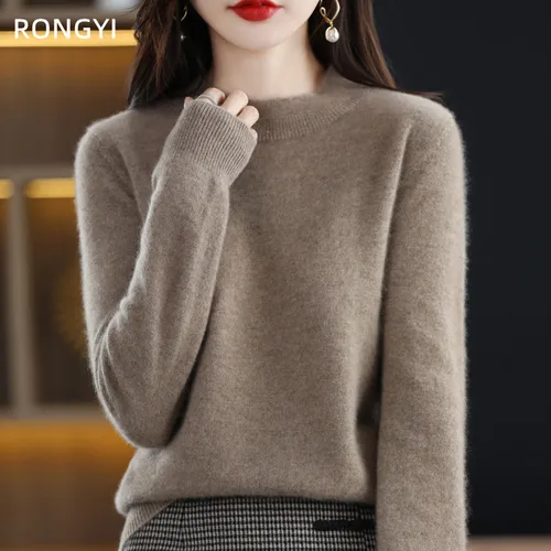 RONGYI-100% 순수 울 하프넥 풀오버, 가을/겨울 캐시미어 스웨터, 여성 캐주얼 니트 탑스, 여성 자켓, 한국 패션 4