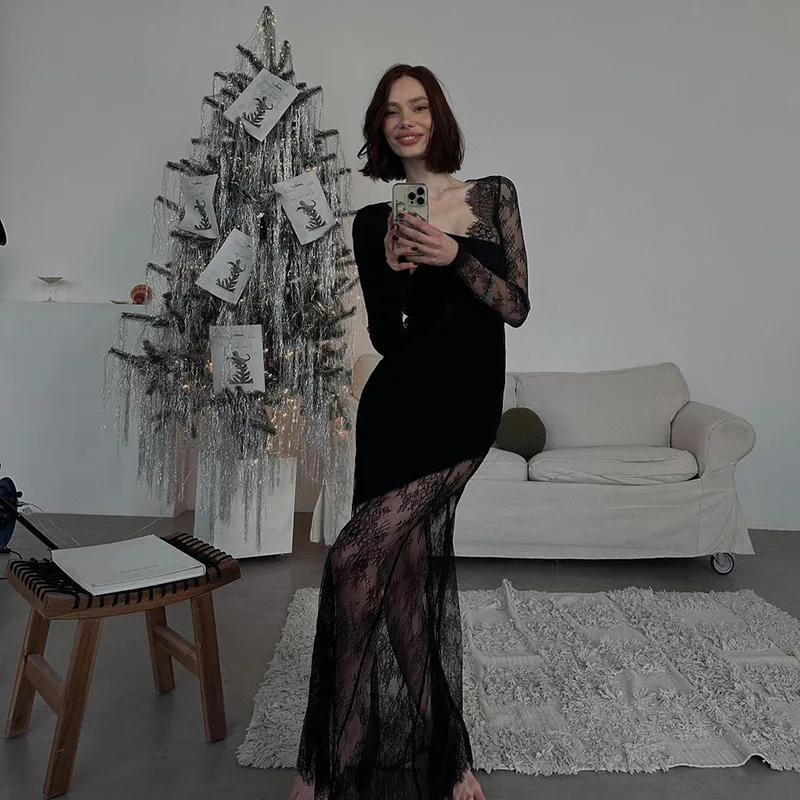 Printed See-Through Black Maxi Dress Women High Waist Lace Slim Mesh Patchwork Sexy Long Dress Party Looks Female Dress