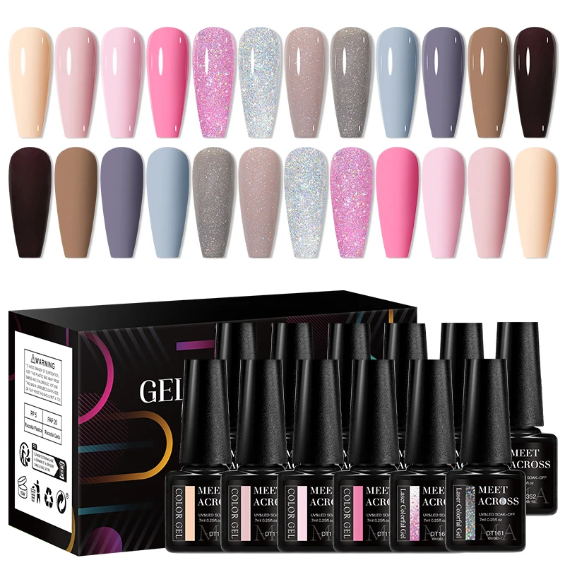 MEET ACROSS 12Pcs/Set Gel Nail Polish Set Colorful Glitter Nail Art Long-Lasting Soak Off UV Gel Kit for Manicure Nails Vernis 2