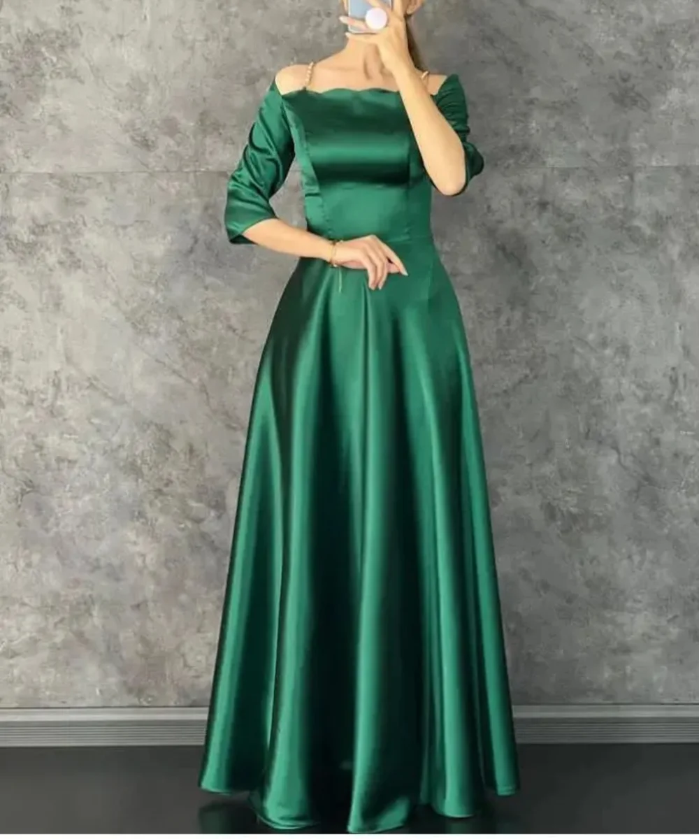 

Simple Long Spaghetti Straps Satin Evening Dresses Half Sleeves A Line Floor Length فساتين للمناسبات الرسمية for Women