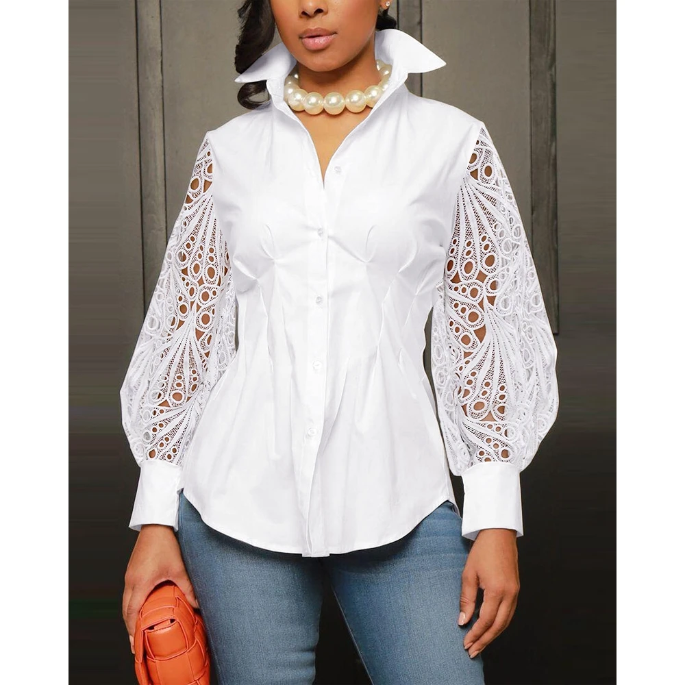 Women Lantern Sleeve Eyelet Embroidery Casual Top Long Sleeve Blouse 2024 Cotton Eyelet Embroidery Summer Outfits Korean Style