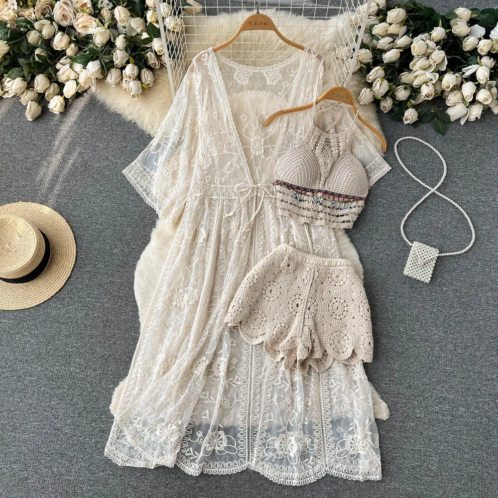 

Jastie Boho Knit Casual Matching Sets Summer Women Mesh Cardigan Halter Backless Camisole Mini Shorts Vacation Beach Style Suits