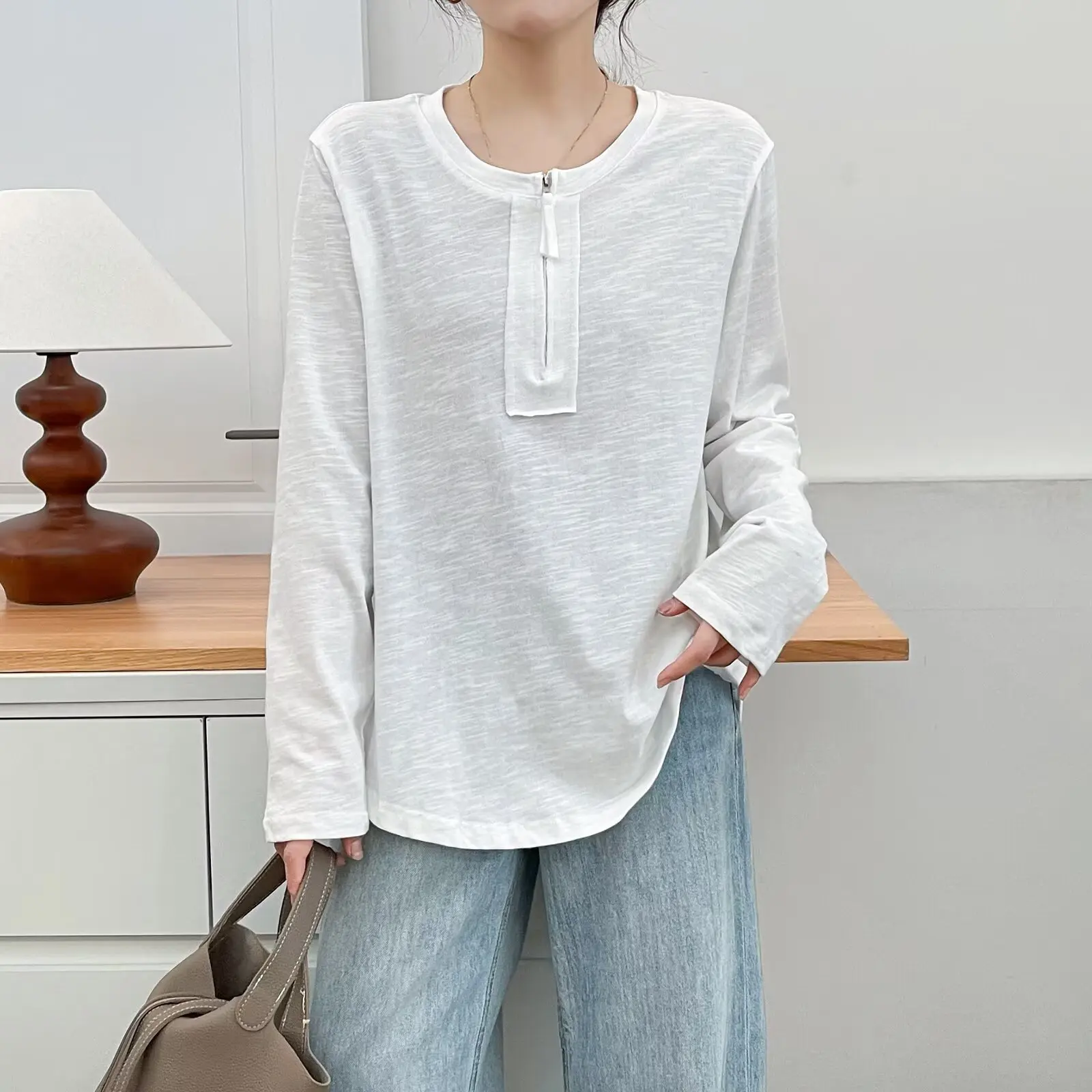 Plus Size Women's T-Shirt Casual Long Sleeve Zipper half-open Collar Solid Color Basic Tops 2555