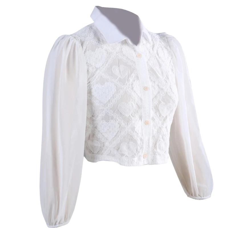 Women Collared Button Up Crop Top Puff Sleeve Crochet Heart Cardigans P8DB