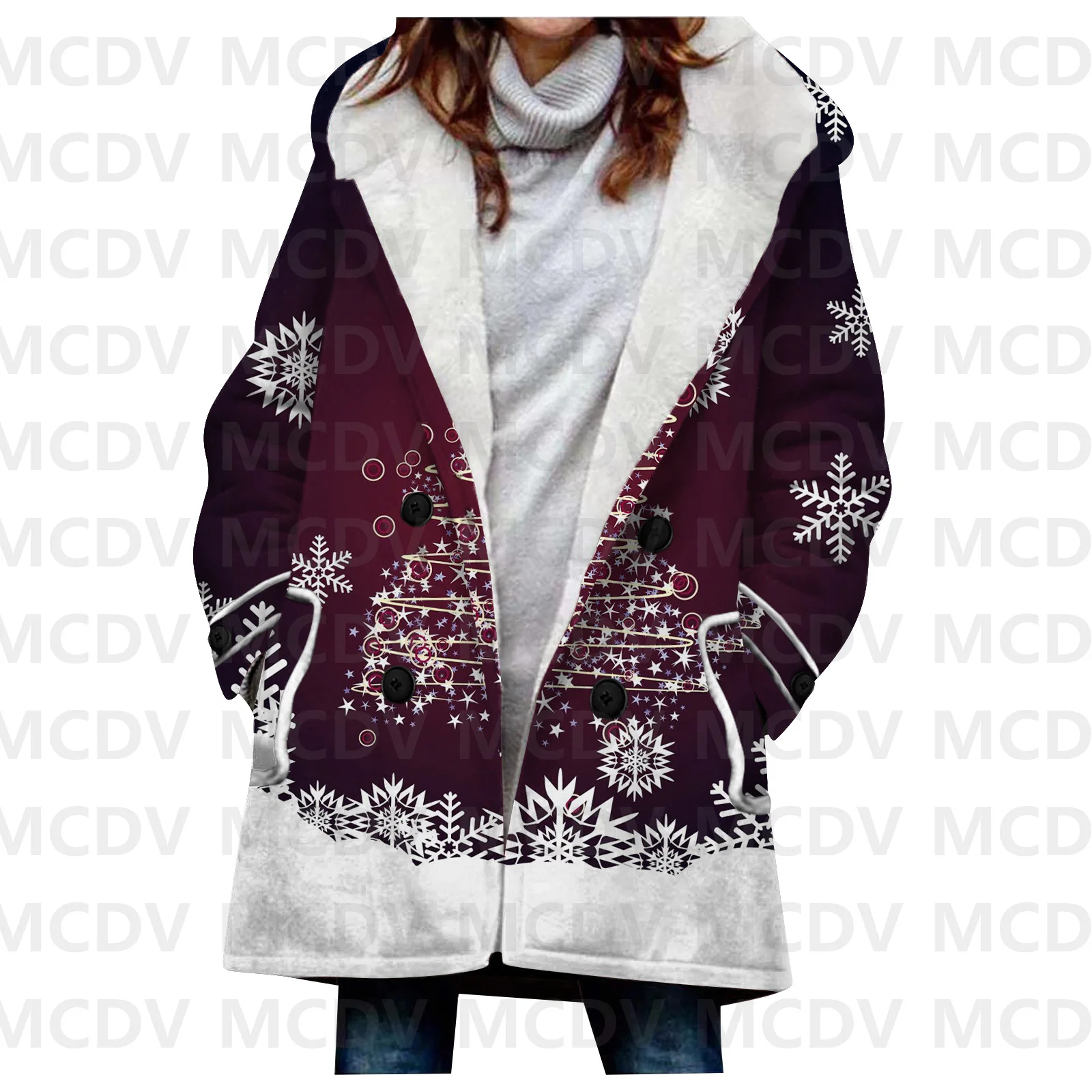 Merry Christmas 3D Printed Fleece Hooded Cloak Women Thick Warm Coat Women's Winter Warm Overcoat Casual Clothes
