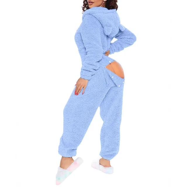2025 New Sexy Onesies for Women Plush Hooded Bum Open Ass Flap Jumpsuit Thicken Pajamas Solid Long-Sleeve Zipper Sleepwear 5
