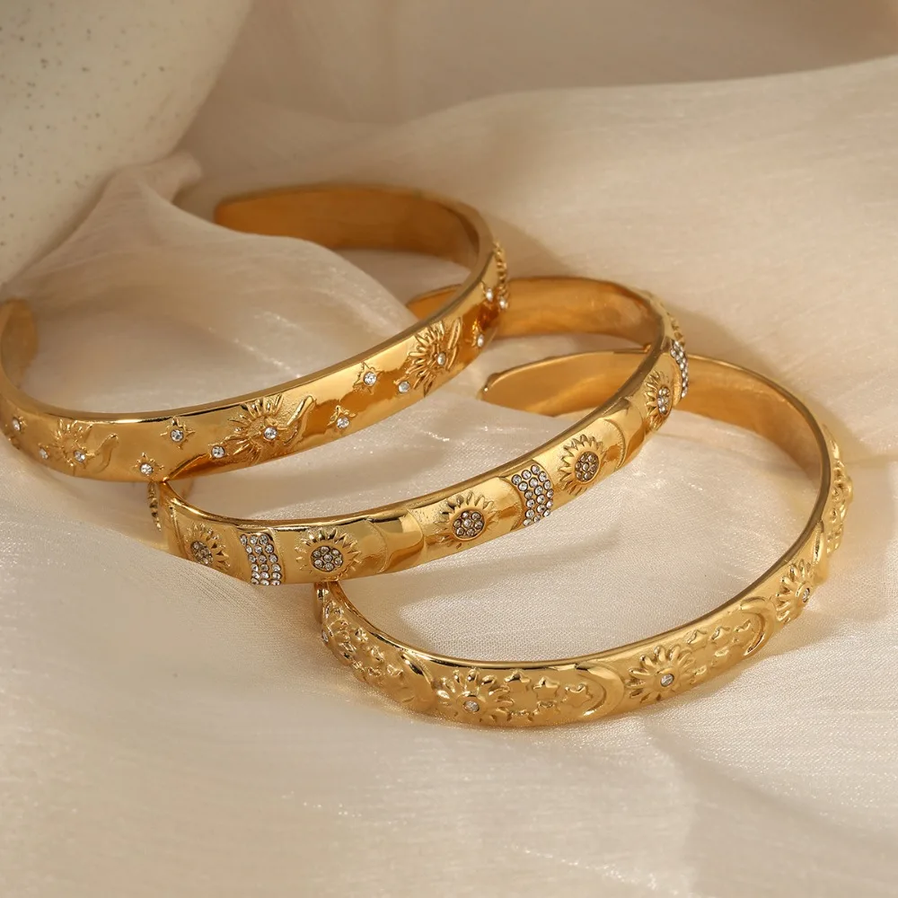 Luxury Stainless Steel Sun Moon Star Opening Bangle Bracelets Design Waterproof Zircon 18K Gold Plated Bracelet Charm Jewelry
