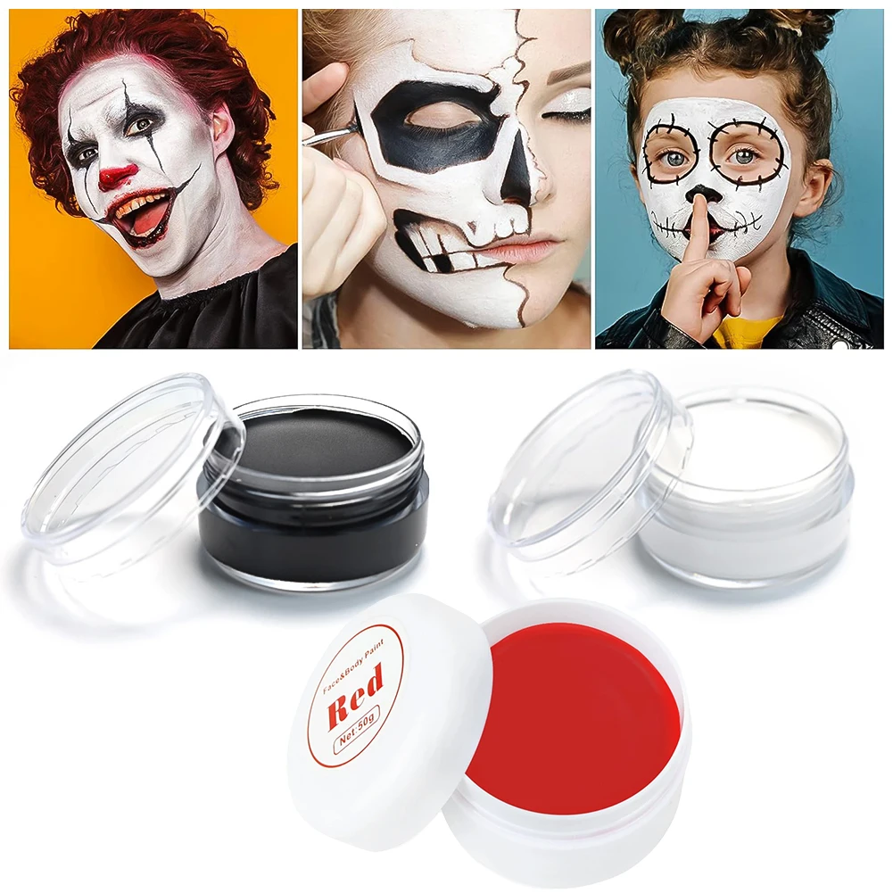 Professional Face & Body Paint - White, Black, Red for Special Effects, Holidays & Costume Parties