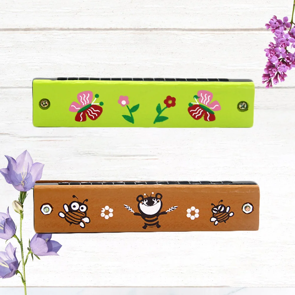 

2pcs 16 Holes Harmonica Toys Cartoon Wooden Harmonica Funny Musical Instruments for Children Kids (Random Color)