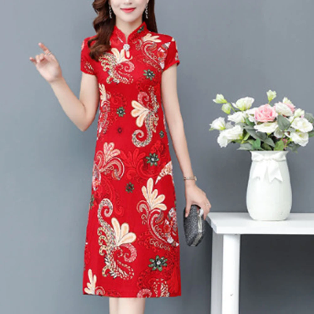 

Female Girl Waman Long Dress Daily Going Out Chinese Qipao Chinese Style Flower Printed M-5XL Satin Short Sleeve