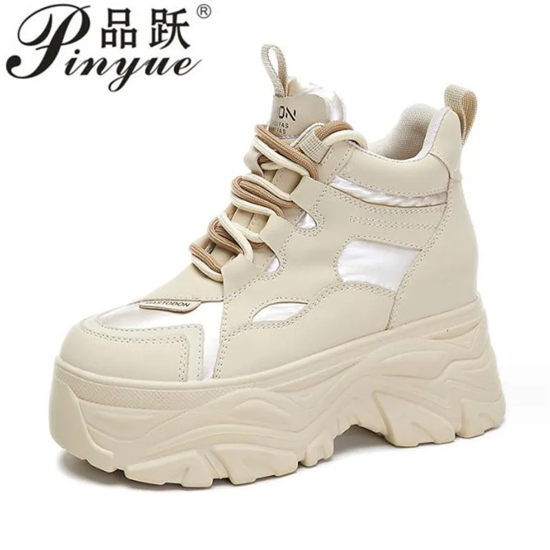 

Women Walking Sneakers Autumn Lace-up High Platform Chunky Shoes Breathable Leather Shoes 8CM Winter Wedge Heels Casual Shoes