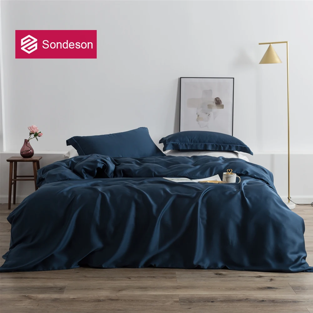 

Sondeson Beauty 100% Silk Dark Blue Bedding Set 25 Momme Silk Healthy Skin Luxury Duvet Cover Bed Linen Double Queen King Set