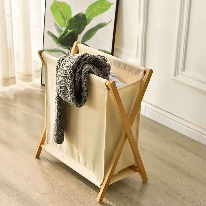 Wood Folding Laundry Basket Large Dirty Clothes Storage Bucket Home Portable Laundry Snacks Toys Storage Bag Fabric Japan Style