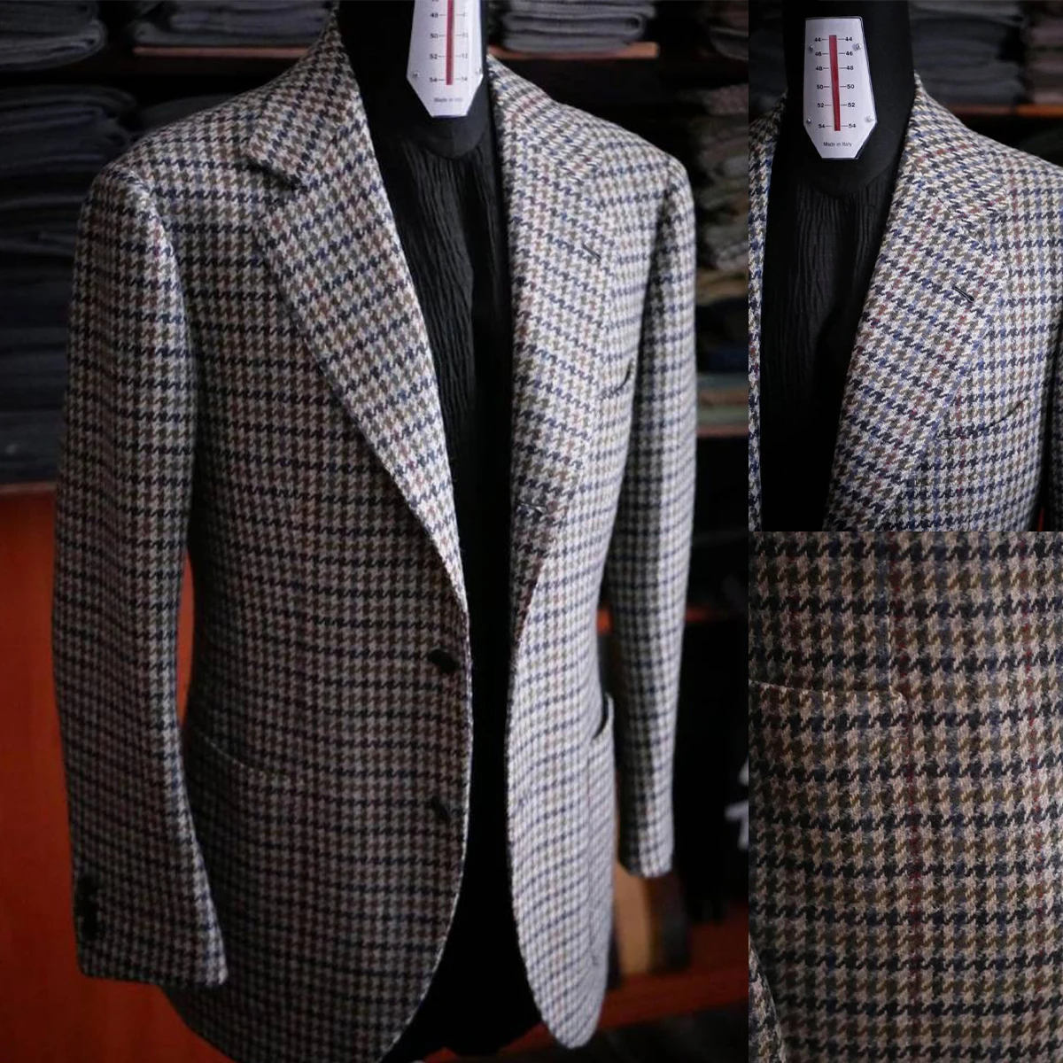

Fall Winter Classic Coat For Men Slim Fit Woolen Windbreak Houndstooth Overcoat Business Office Jacket Custom Made