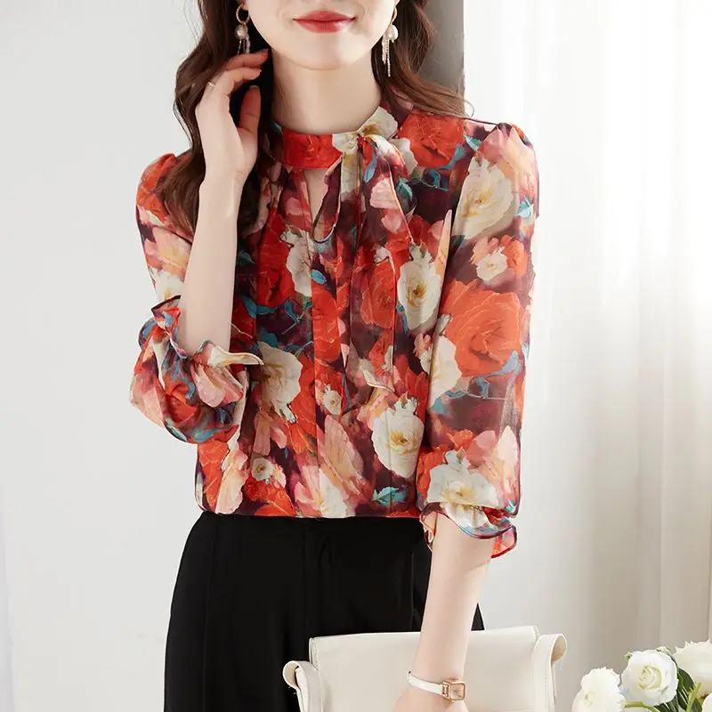 Vintage Printed Lace Up Bow Floral Chiffon Blouse Women's Clothing 2023 Autumn New Oversized Casual Tops Office Lady Shirt