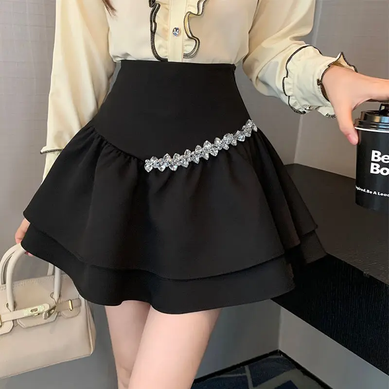 

A-line Skirt White High Waist Slim Diamond Splicing Streetwear Japanese Clothes For Teens Fashion School Girl Uniform Kawaii