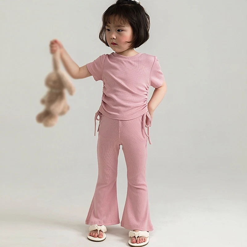여아용 반팔 세트, 단색  플레어 바지, 얇은 캐주얼 투피스 세트, 시원한 반팔 세트, 여름