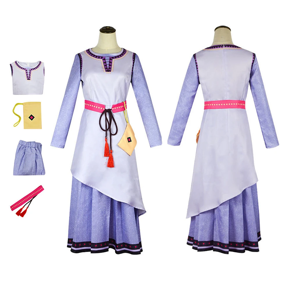 

Asha Cosplay Costume Fantasia Girls Halloween Carnival Party Female Role Disguis Suit Women Princess Dress Belt Bag Outfits