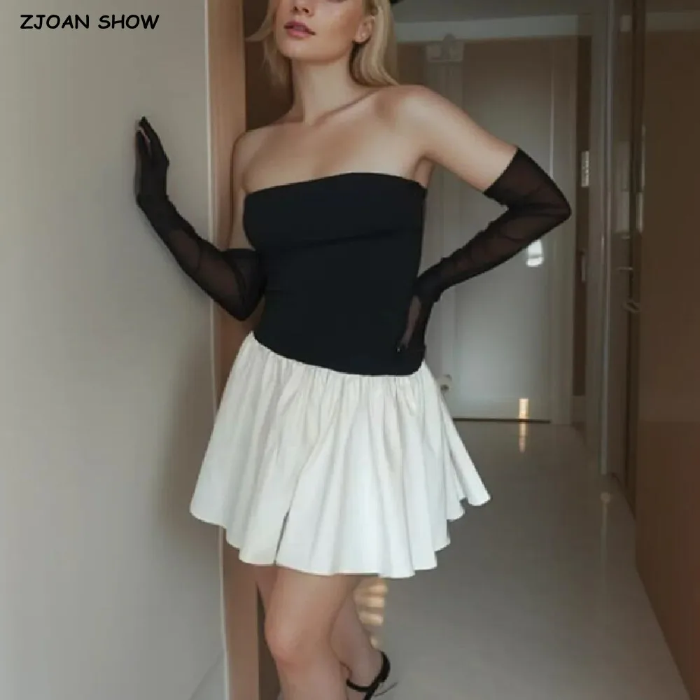 

2024 Sexy Contrast Color Black Beige Strapless Mini Dress Women Slim Waist A-line Swing Tube top Short Party Robe