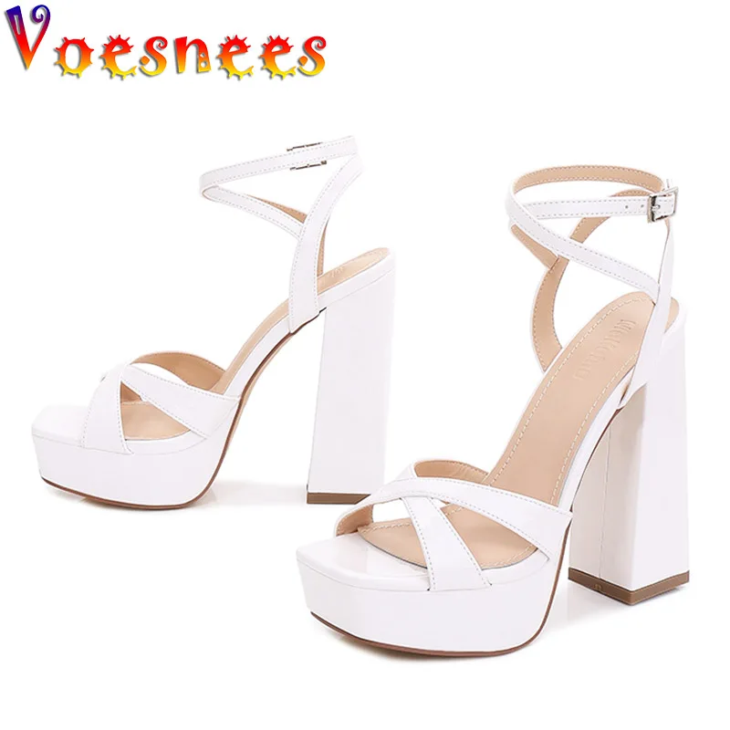 Ladies White Hollow Design Platform Sandals Sexy Slingback Buckle Strap High Heels Summer Dress Fashion Square Head Shoes Women