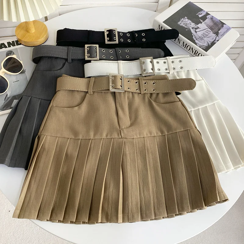 

Korean Design High Waist Mini Skirt Women 2024 Spring Summer New College Solid Color Pleated Slim A- Line Short Skirt with Belt