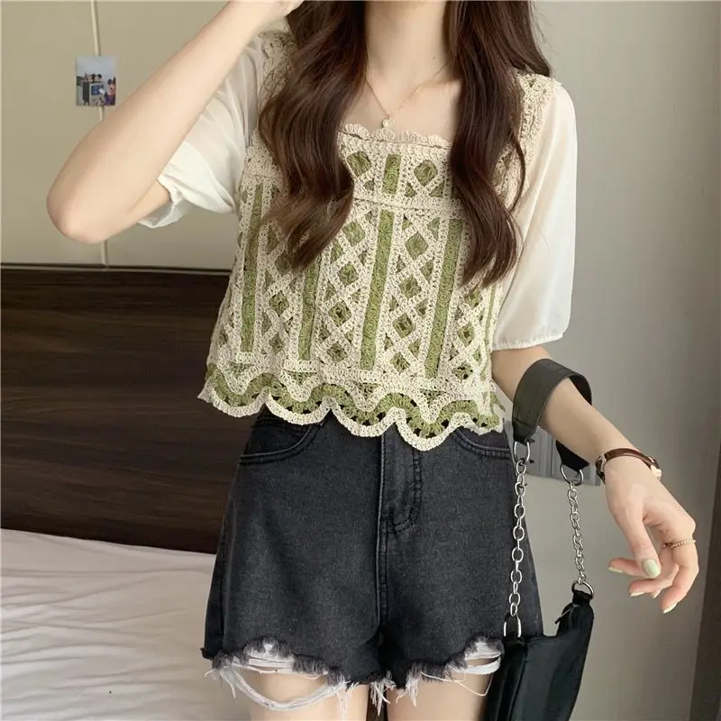 

Блузка женская с квадратным вырезом, нежная Стильная приталенная рубашка с рукавами-фонариками, с вырезами, в Корейском стиле, лето 2023