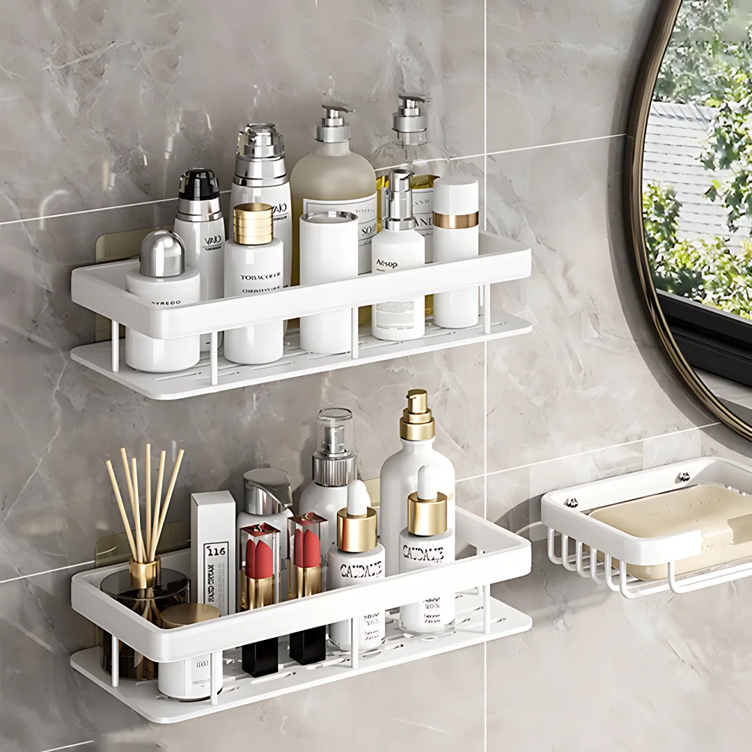 2PCS Bathroom Shelf Kitchen Storage Organizer Aluminum Alloy Shampoo Rack Shower Shelf No Drill