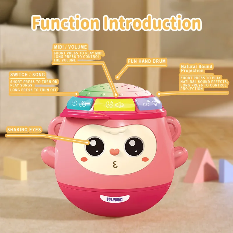 Kids Music Toys 5 in 1 Monkey Tumbler Toy Star Projector Lamp Music Beats Drum Early Educational For 0-12 Months