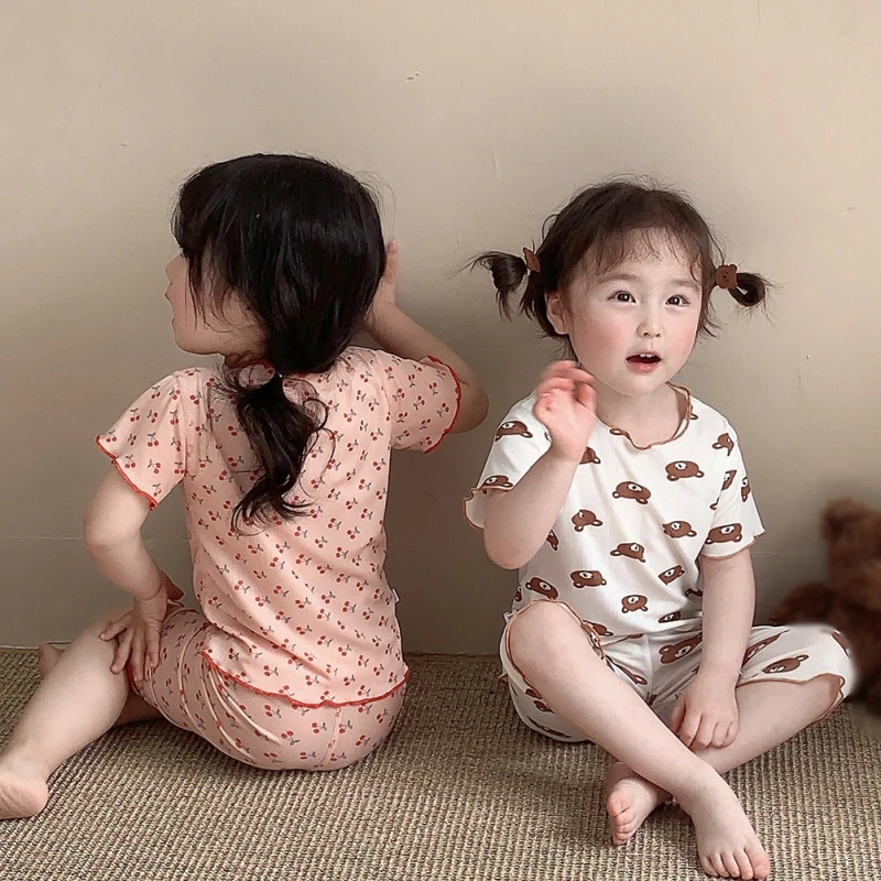Summer Children Baby Home Wear Baby Pajamas Set Girls Small Broken Flower Short Sleeve + Seven Pants