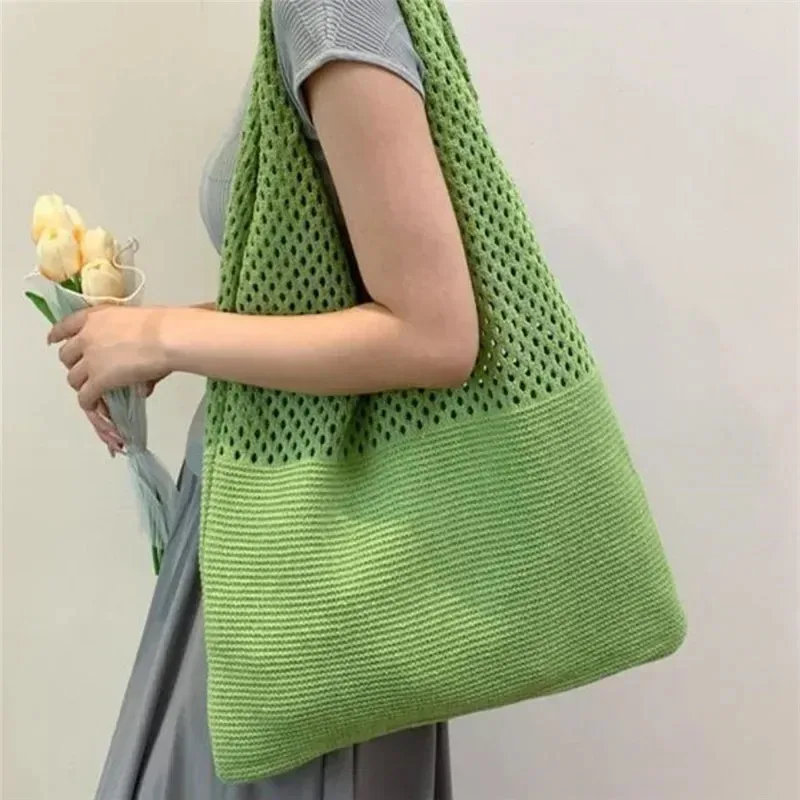 Chic Simple Retro Hollow Tote Bag Stylish Hollow Out Knitted Shoulder Bag Weave Handbag Shopping Bag for Women Daily Collocation