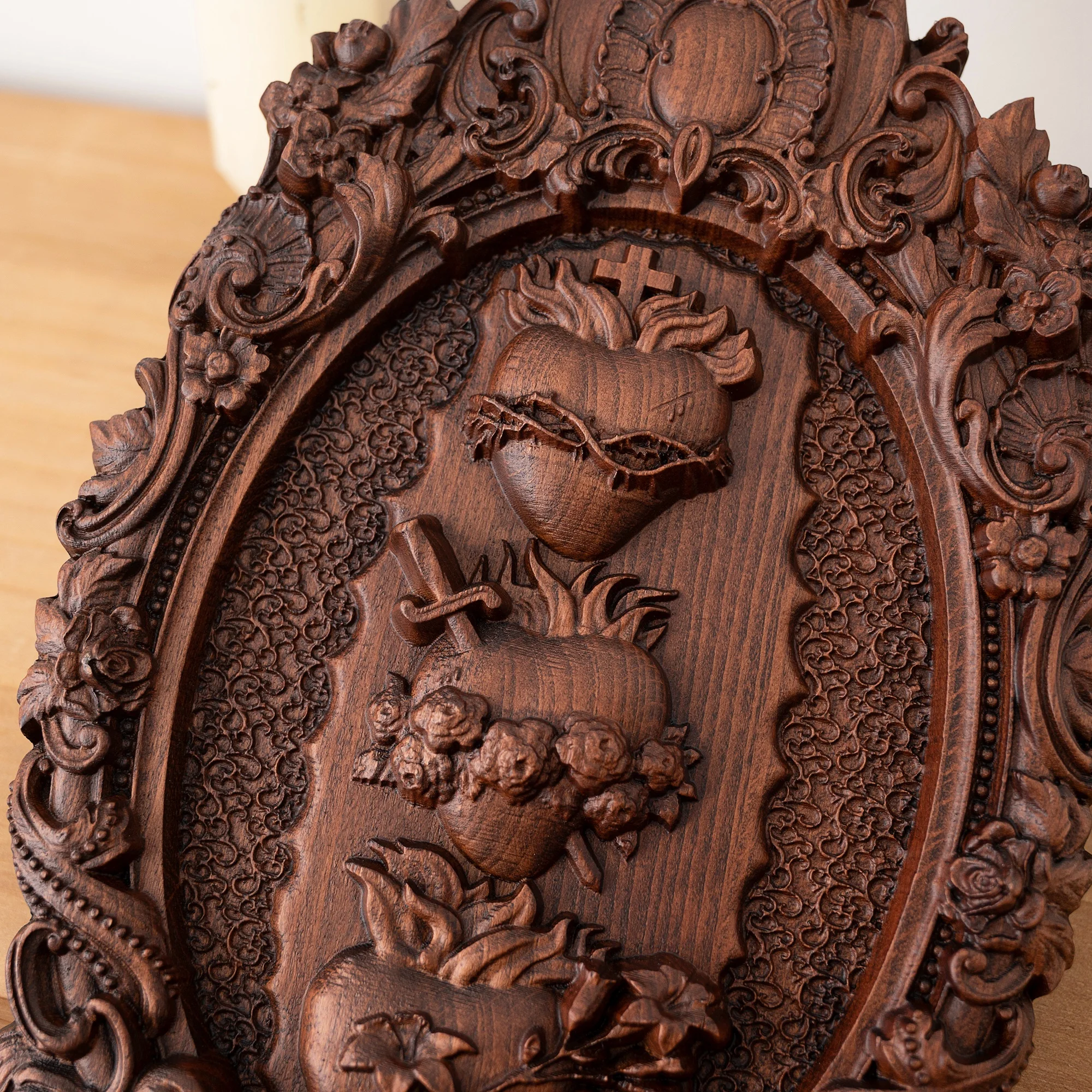 Christian Statue Home Decor Items Holy Family Three Sacred Hearts Christian Wall Art Catholic Statue Ornament Wooden Christmas Decoration Gift