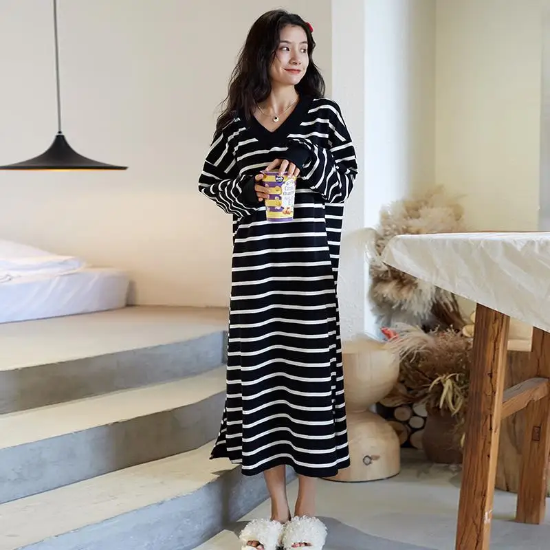 

Spring Autumn Long Sleeve Simple Stripe Nightgowns Women Cotton Sleepwear Nightie Night Dress Nightdress Home Wear Clothes C91