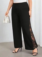 Women's plus size black elegant spring summer casual split lace patchwork loose elastic waist wide leg pants straight leg pants