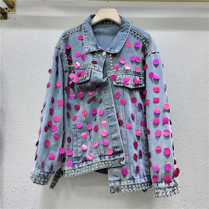 

SuperAen Spring 2024 New Heavy Industries Design Sequins Loose Versatile Long Sleeve Denim Jacket Top