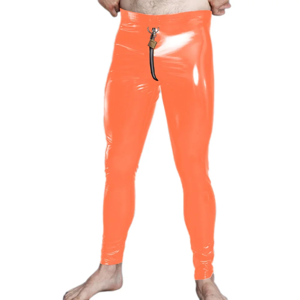 New Men Front Zipper Bright Faux Leather Tight Pants PVC Elastic Performance Trousers Sexy Leggings With lock fetish wear pants