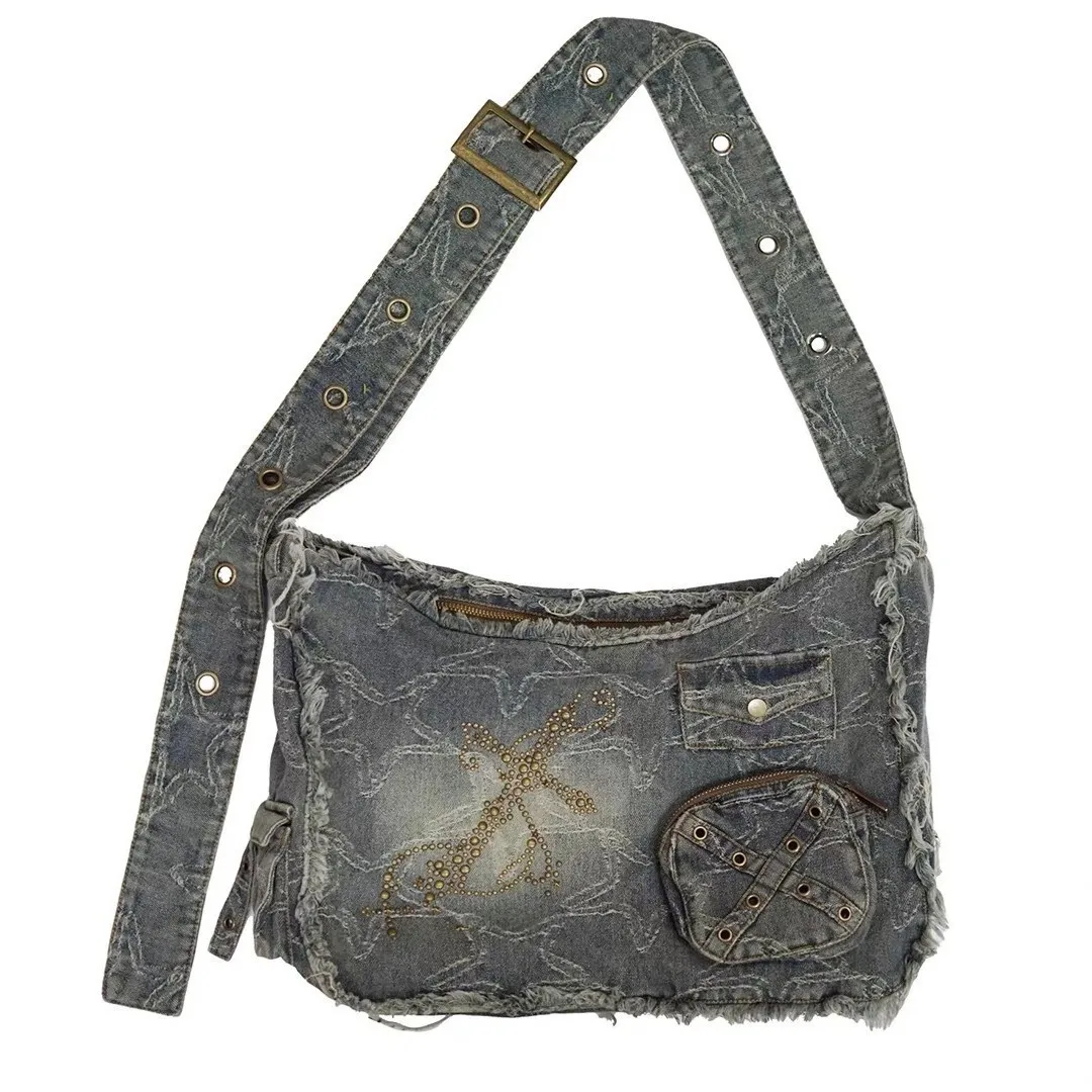 Fashion Women Large Capacity Shoulder Bags Canvas Denim Street Casual Totes Handbag rivet Purse Solid Color Zipper Shopping Bag