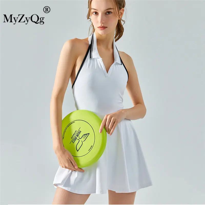 MyZyQg Hanging Neck Bump Color Lapel Sports One-piece Tennis Dress with Chest Pad Fake Two Pieces Anti-slip Badminton Dress