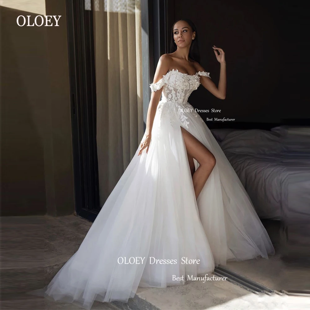 

OLOEY Sexy Off the Shoulder Tulle A Line Wedding Dresses Boho Applique Lace Split Country Bridal Gowns Lace Up Back Long Veil