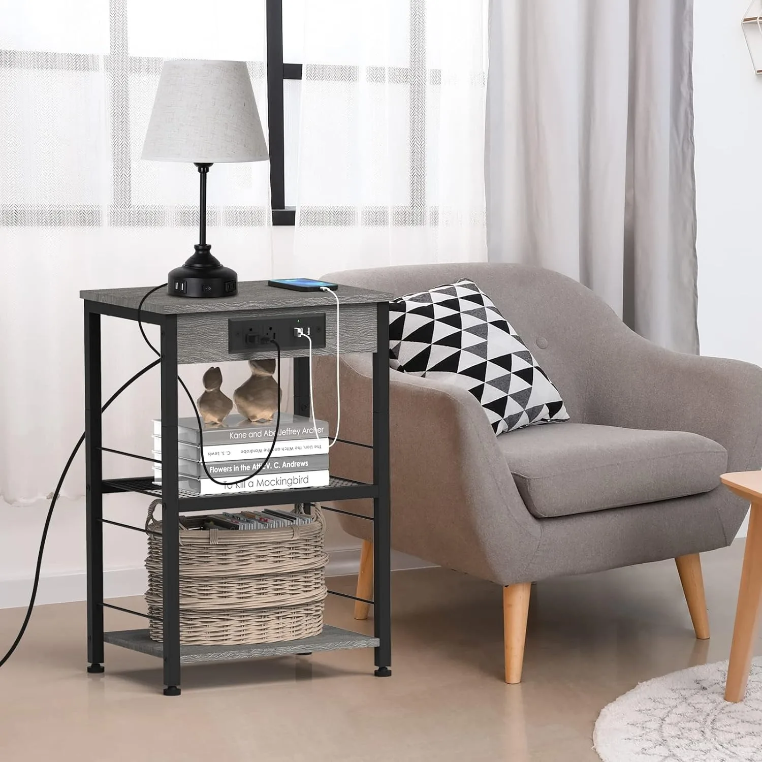 Bedside table with charging station, 3-story side table with USB port and socket, side table with living room with storage rack 6