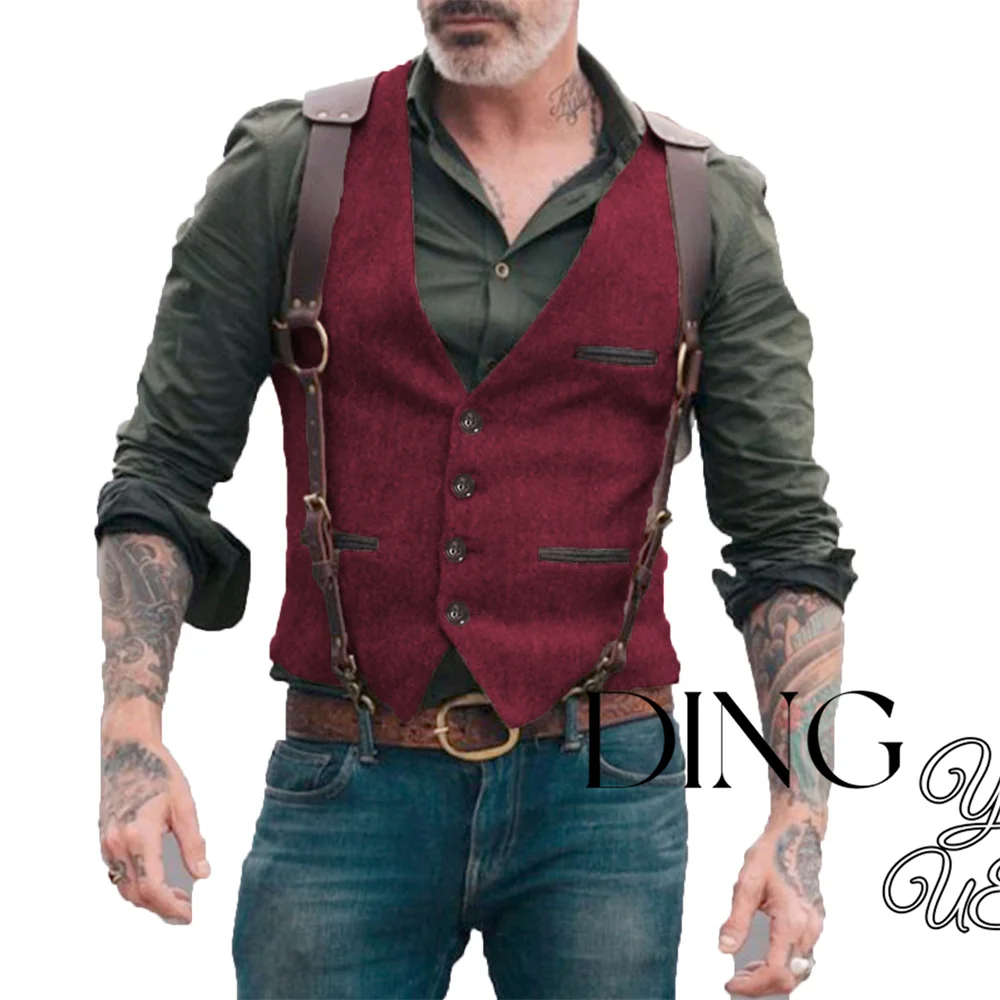 Pocket Men Suit Vest V Neck Jacket Herringbone Tweed Business Waistcoat Wedding Groomman Clothing Victorian Steampunk