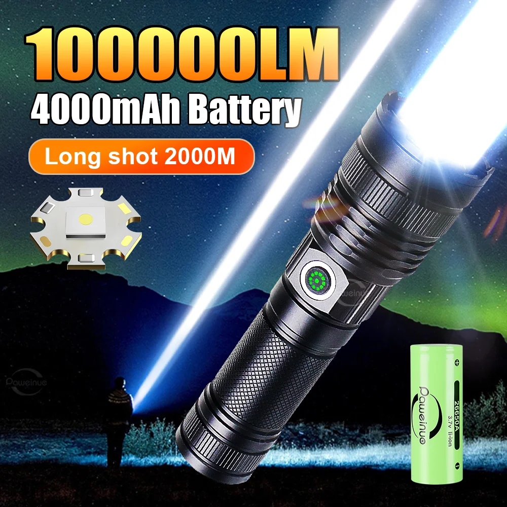 

100000LM Высокая мощность светодиодные фонарики, перезаряжаемая лампа, мощный светодиодный фонарь с зарядкой через USB, ручной точ для рыбалки на открытом воздухе