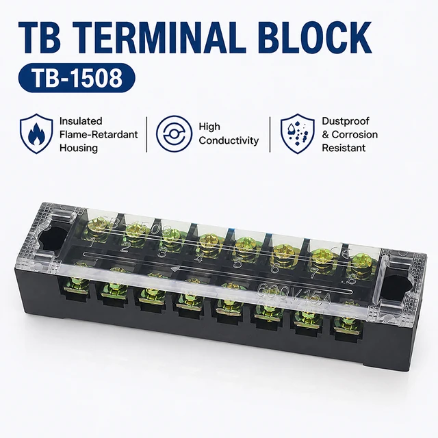 1PCS- TB1508 Dual Row Thick Copper Screw Terminal Block Flame Retardant Grounding Strip Wire Connector 600V 15A 1
