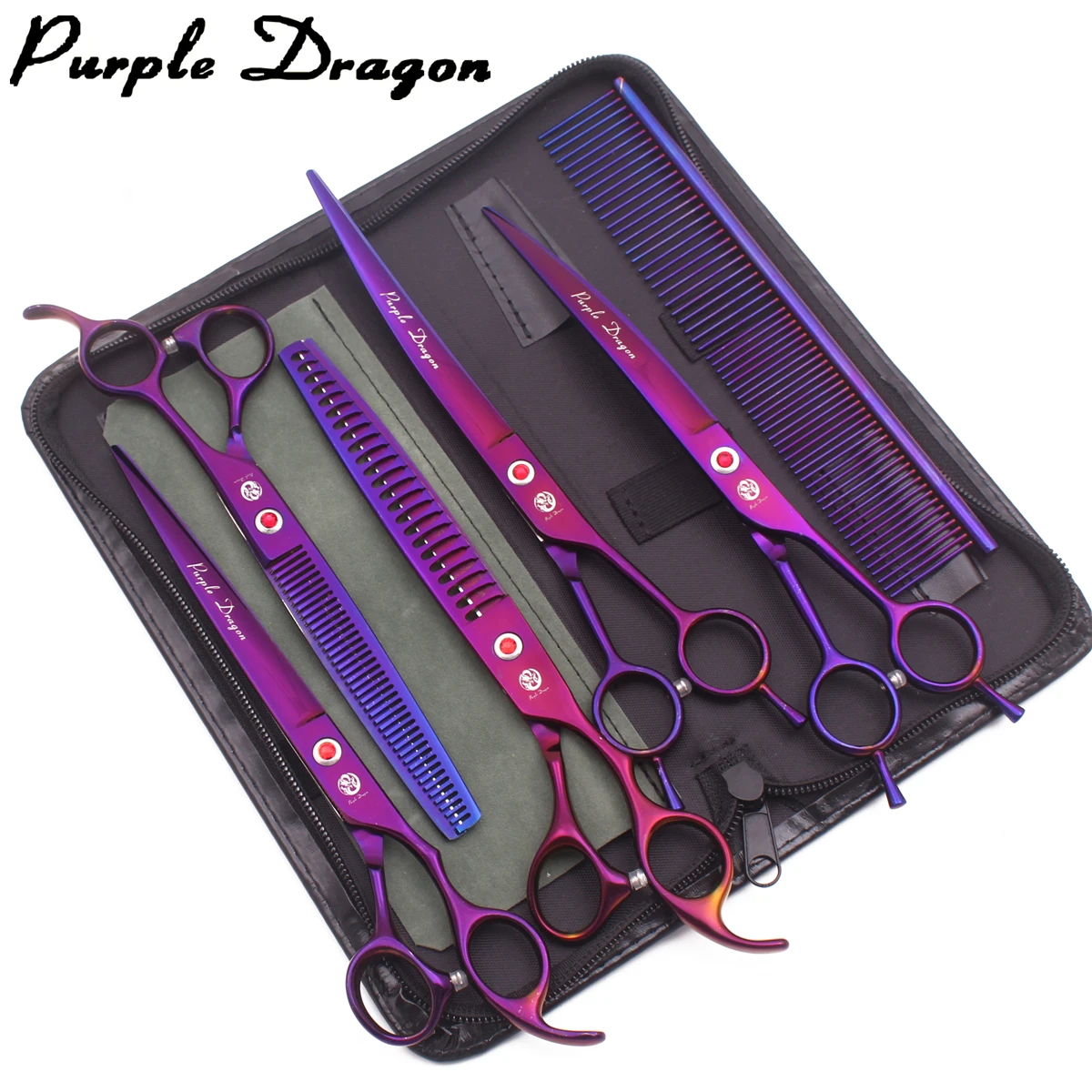 Dog grooming scissors set professional 440C 8" purple dragon straight shears thinning scissors chunker curved shears