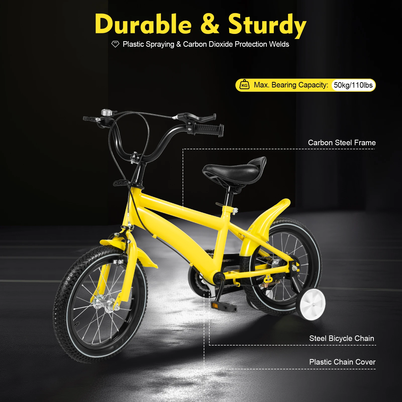 Kinderfahrrad mit verstellbarem Sitz und Stützrädern, leichtem Rahmen aus Kohlenstoffstahl, 39,17 Zoll, Gelb/Schwarz – Detail 9